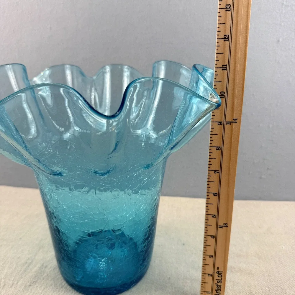 Bischoff Peacock Blue Glass‎ Crackle Vase Ruffled Rim 11
